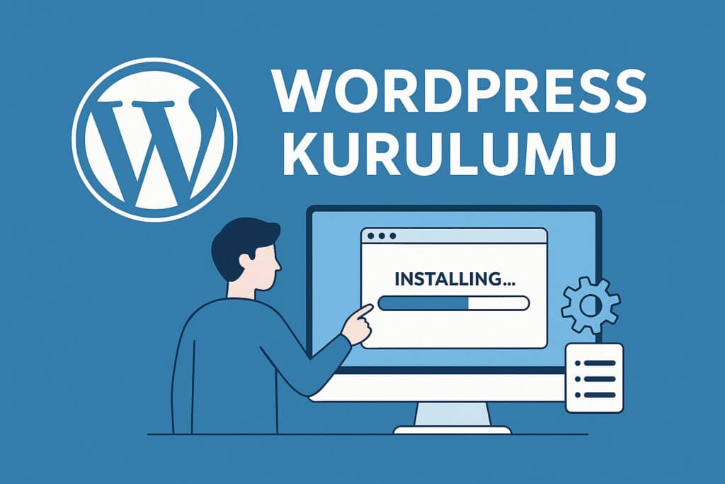 WordPress kurulumu görseli – bir kişi bilgisayar ekranında WordPress yükleme ilerleme çubuğunu gösteriyor, mavi arka plan, WordPress logosu ve “WordPress Kurulumu” başlığıyla modern tasarım.