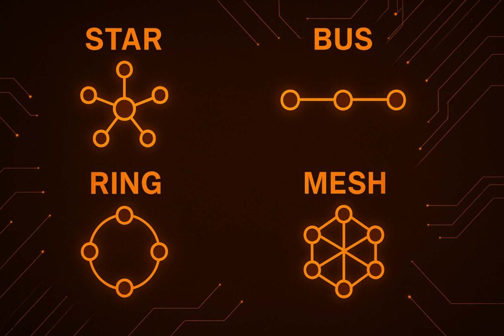 Star, Bus, Ring ve Mesh ağ topolojilerinin turuncu neon diyagramı