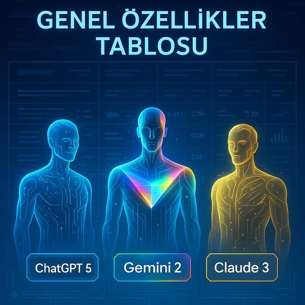 2025’in En Büyük Yapay Zeka Savaşı: ChatGPT 5, Gemini 2 ve Claude 3 Arasında Gerçek Kazanan Kim? ChatGPT 5, Gemini 2 ve Claude 3’ün teknik özelliklerini karşılaştıran holografik tablo görselleştirmesi.
