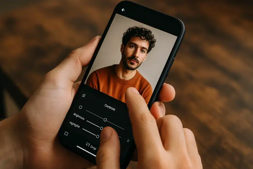 Cep telefonunda portre düzenleme yapan kişi – kontrast, parlaklık ve ışık ayarlarını düzenleyen mobil fotoğrafçı