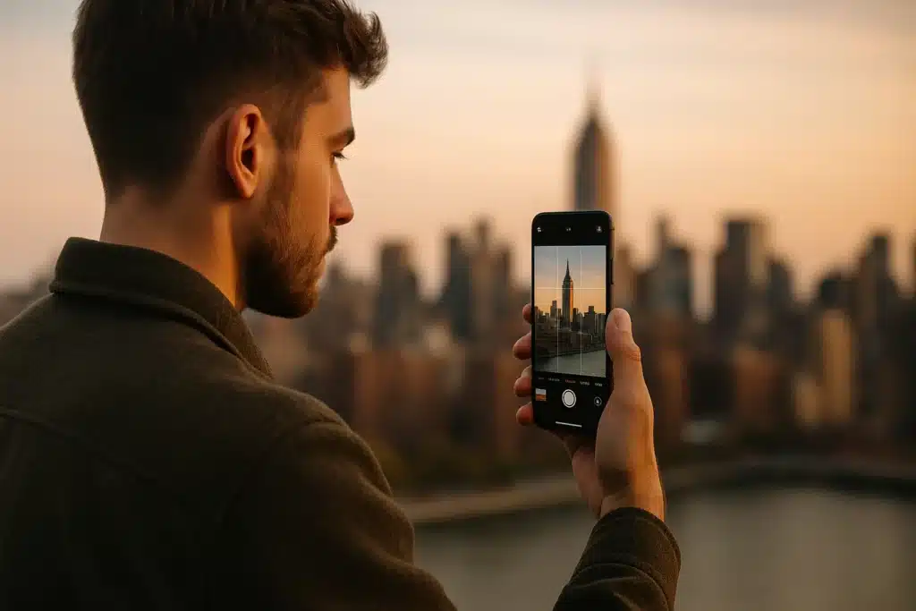 Gün batımında şehir manzarasını cep telefonuyla çeken genç fotoğrafçı – tarz ve estetik oluşturma rehberi
