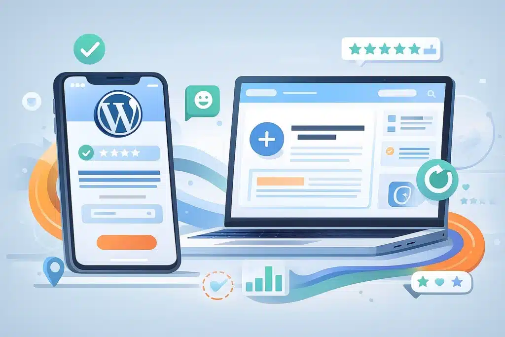 Mobil uyumluluk ve kullanıcı deneyimini simgeleyen WordPress arayüzlü akıllı telefon ve laptop görseli