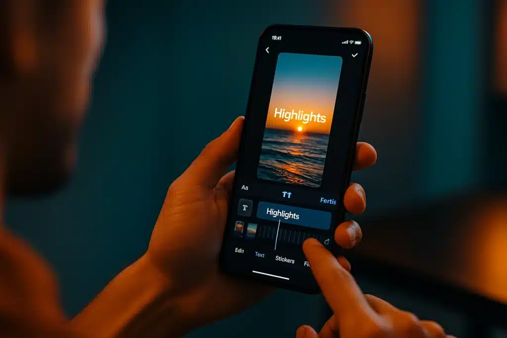 Akıllı telefonda CapCut uygulaması açık – dikey video üzerine yazı ve filtre ekleniyor – 2025 mobil editör trendleri.