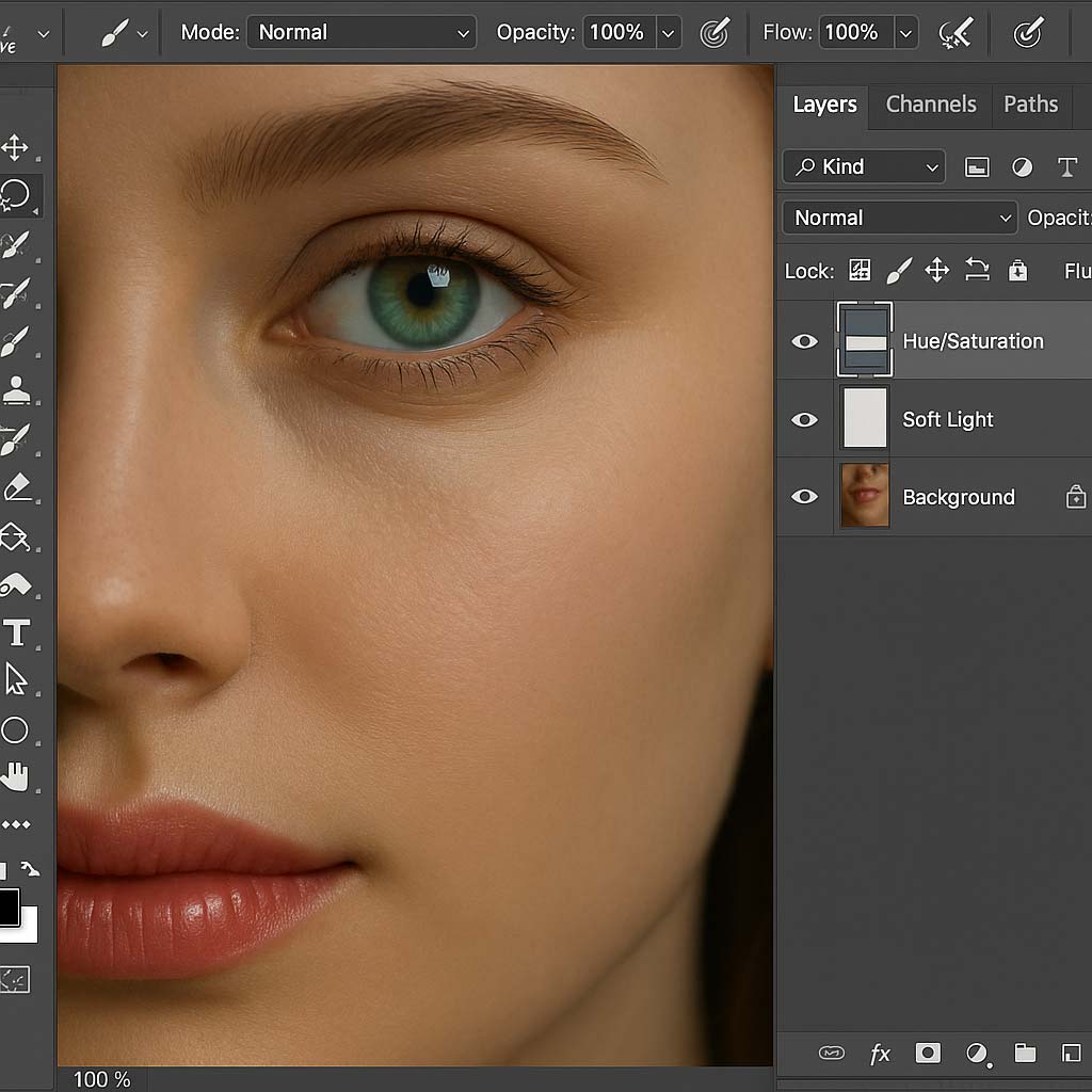 Photoshop ile Portre Retouching Teknikleri: 2025’te Kullanabileceğin 7 Güçlü Yöntem Adobe Photoshop Hue/Saturation ekranı