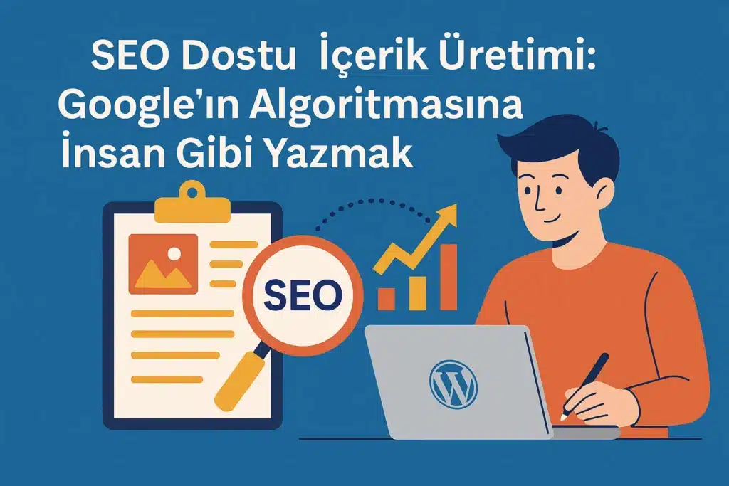 SEO dostu içerik üretimini simgeleyen, WordPress üzerinde yazı yazan kişi ve SEO grafikleri içeren dijital illüstrasyon