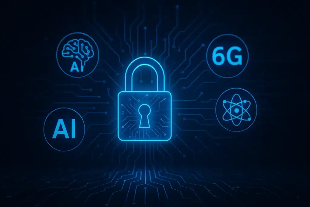 Yapay zeka, 6G ve kuantum ağlarıyla entegre edilmiş geleceğin TCP/IP protokolünü temsil eden dijital güvenlik konsepti – mavi ışıklı kilit ve devre bağlantıları