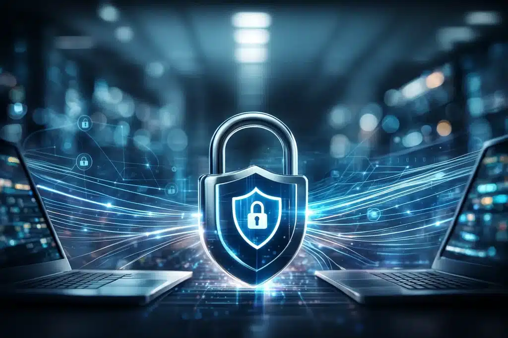TCP/IP ağ güvenliği ve veri koruma konseptini temsil eden görsel – şifreli veri akışı ve dijital kilit simgesi.