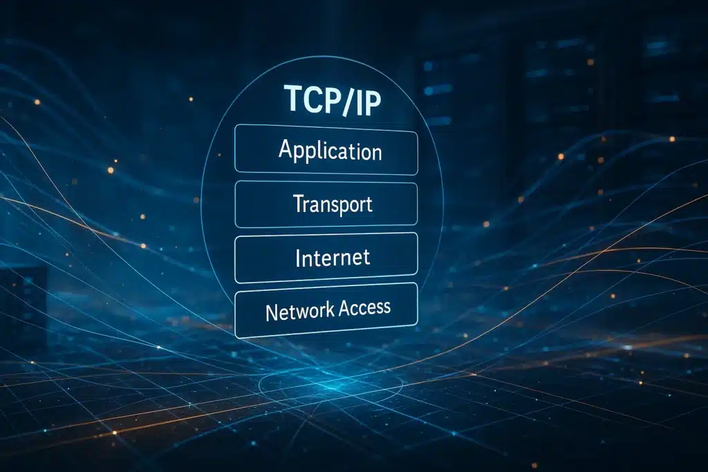 TCP/IP protokol katmanları ve veri akışı diyagramı – modern ağ iletişimi konsepti