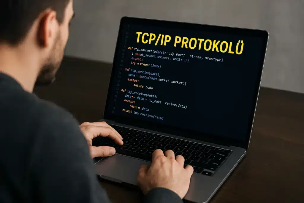 TCP/IP protokolü kodunu inceleyen bir yazılım geliştiricisinin dizüstü bilgisayarında çalışan görüntüsü – modern ofis ortamında odaklanmış çalışma sahnesi.