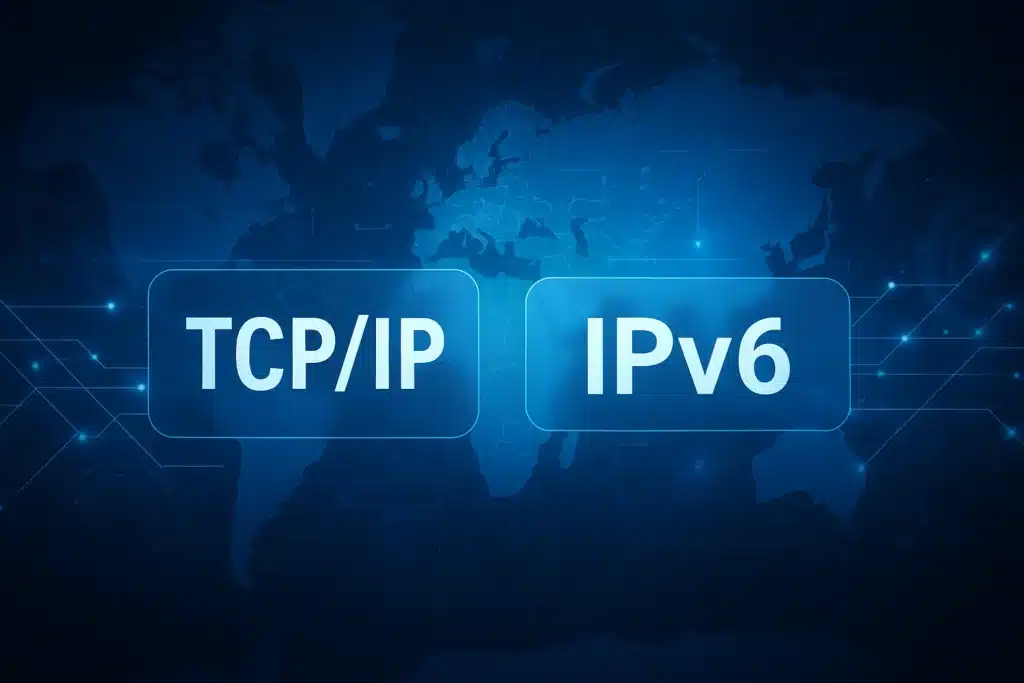 TCP/IP protokolünden IPv6 teknolojisine geçişi temsil eden dijital ağ haritası ve bağlantı diyagramı