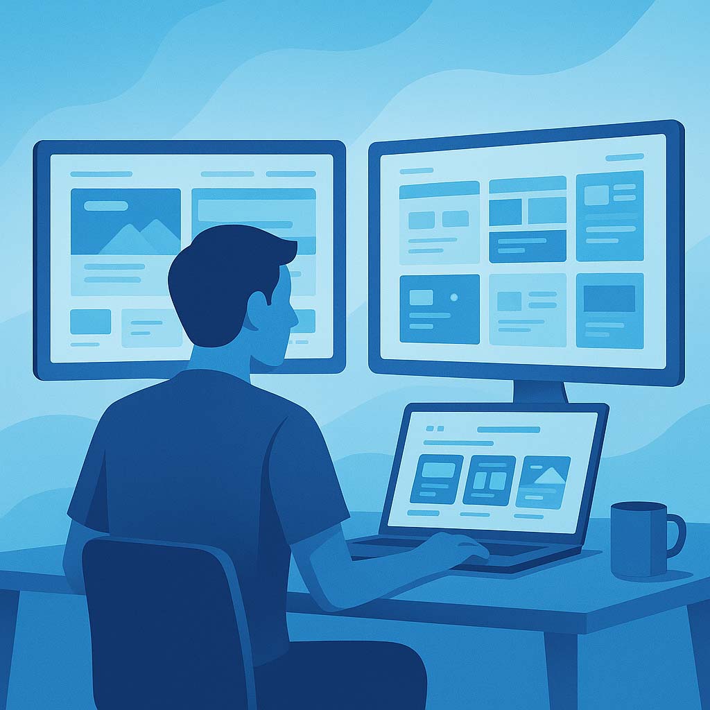 2025’in En İyi Ücretsiz WordPress Temaları (Hız, SEO ve Şıklık Rehberi) 2025’in en iyi ücretsiz WordPress temalarını temsil eden mavi tonlarda dijital illüstrasyon.
