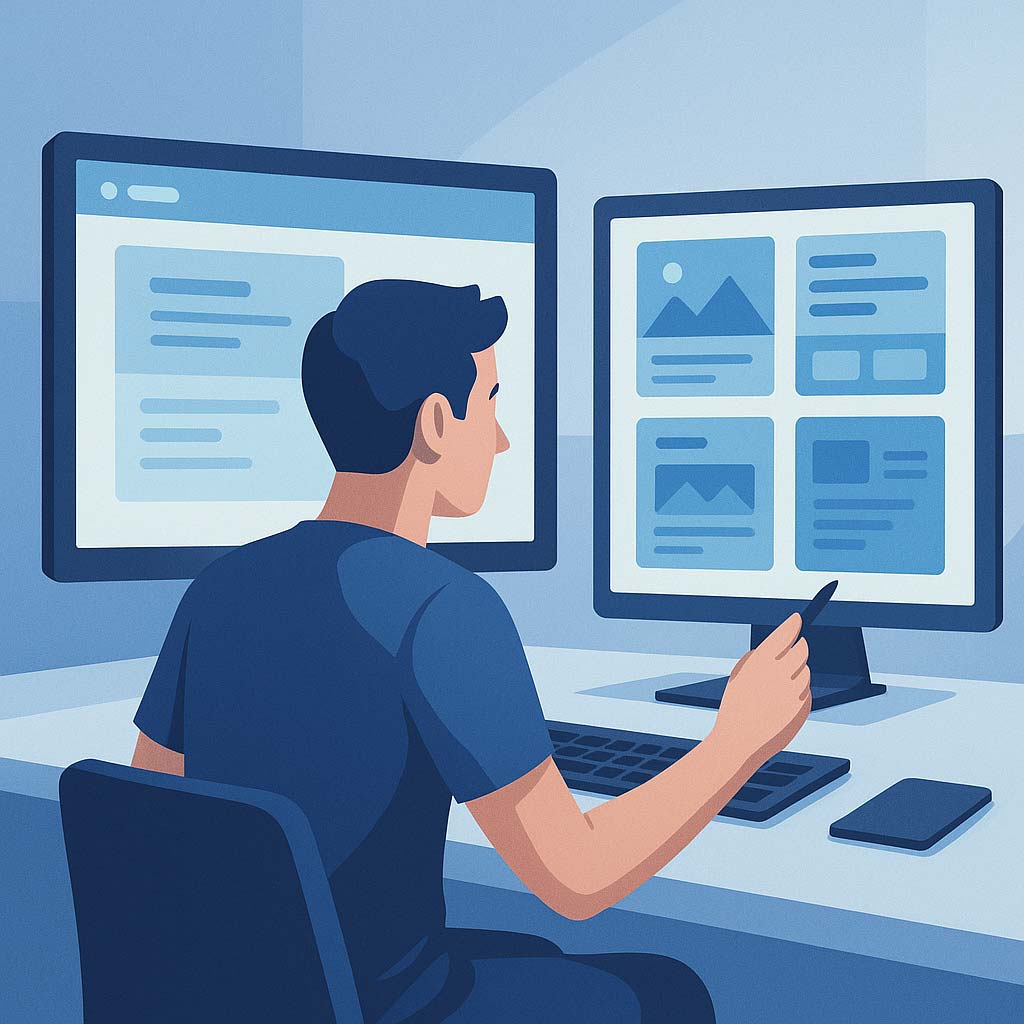 2025’in En İyi Ücretsiz WordPress Temaları (Hız, SEO ve Şıklık Rehberi) WordPress tema seçimi yapan bir tasarımcıyı gösteren minimalist çalışma sahnesi.