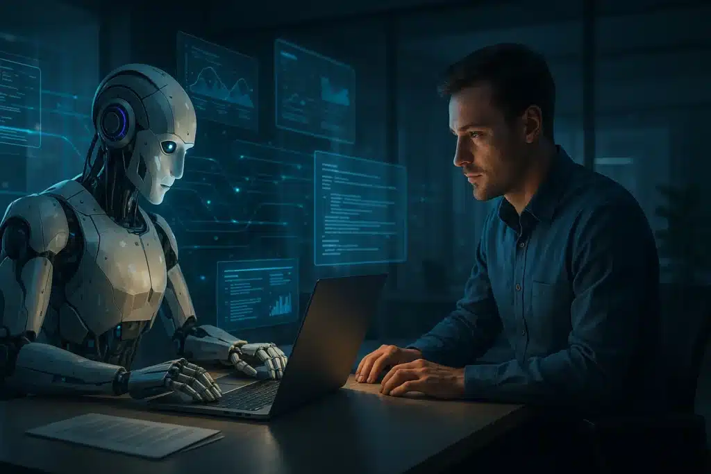 Bir insan ve yapay zekanın birlikte içerik ürettiği modern dijital çalışma ortamı — holografik ekranlar ve veri akışıyla geleceğin ofisi.