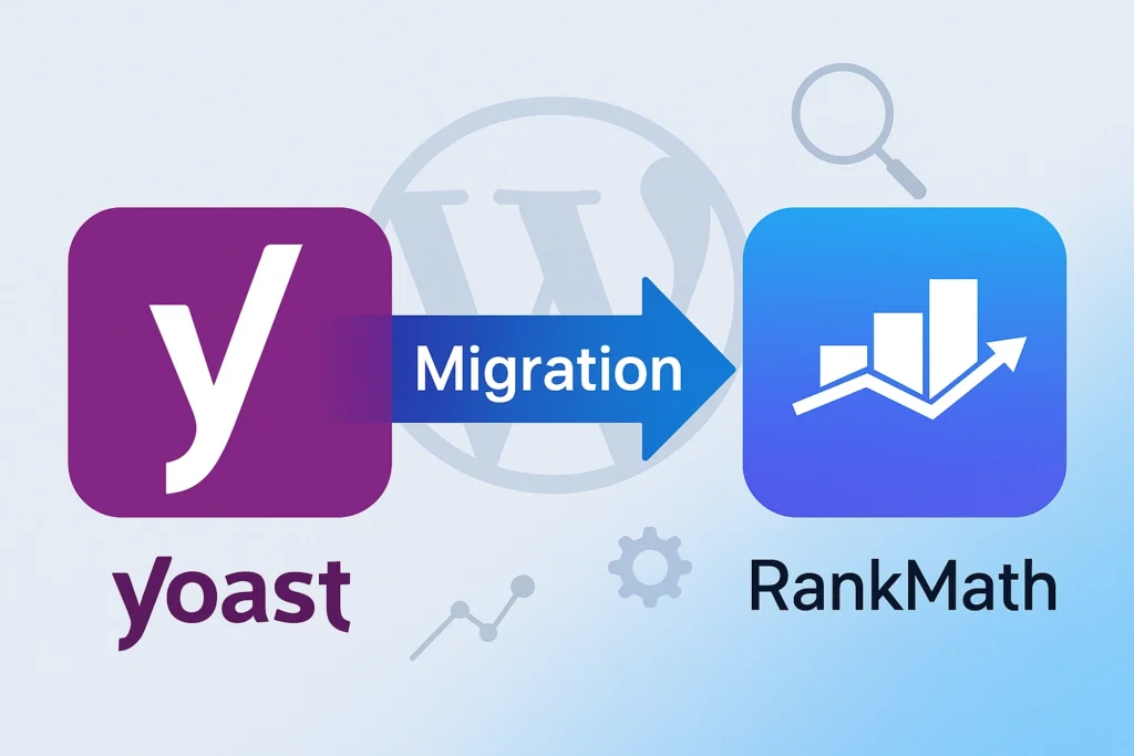 Yoast SEO’dan RankMath’e geçiş sürecini simgeleyen WordPress SEO görseli