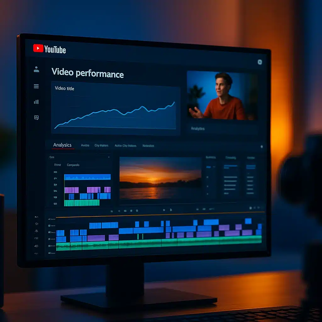 YouTube Analytics ekranında video performans grafiği, thumbnail ve timeline görünür – 2025 içerik stratejisi